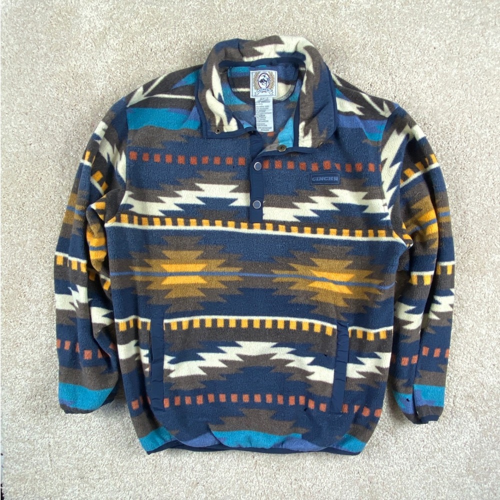 Cinch Southwest Aztec Polar Fleece Pullover Blue Orange MWK1514006 Size Small‎